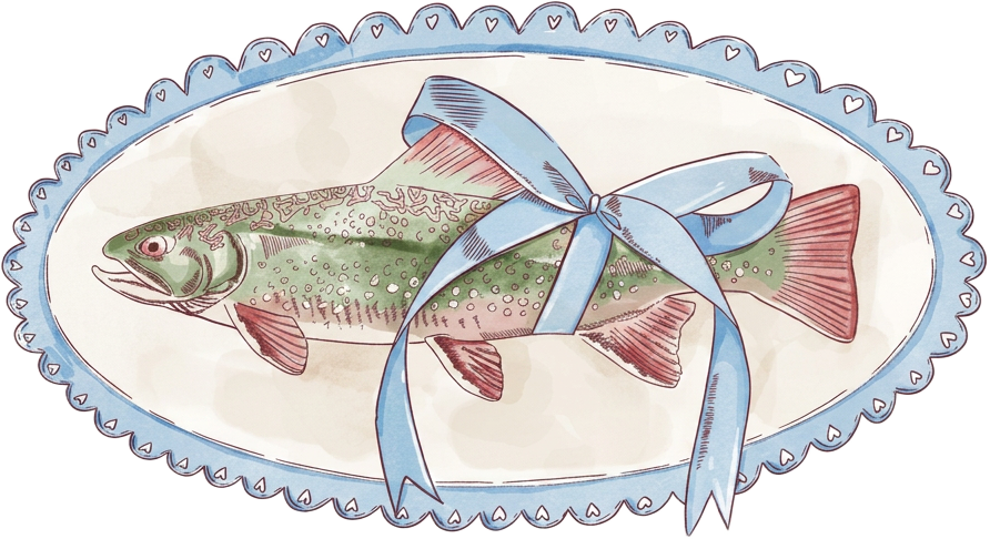 Illustrated fish tied with an olive ribbon