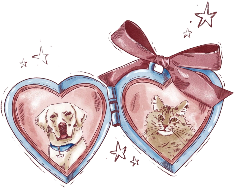 Illustrated heart locket with a dog and a cat